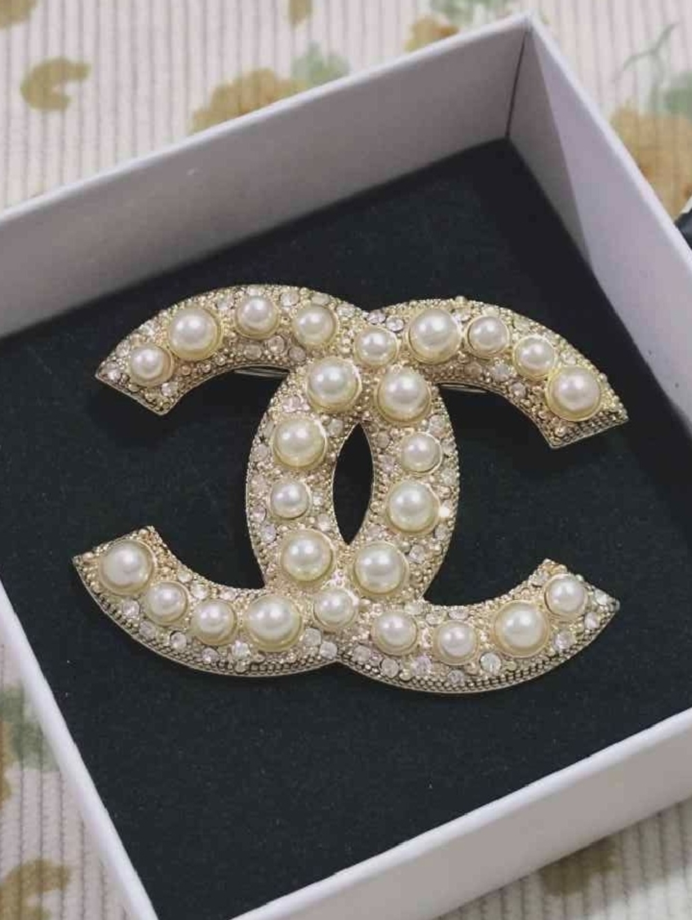 Pearl Crystal Double-C Logo Brooch - Gold Tone